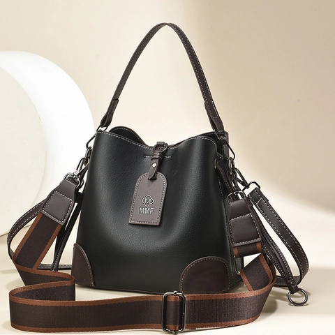 Vintage PU Leather Bucket Bag For Women Large Capacity Shoulder Crossbody Purse With Wide Webbing Strap
