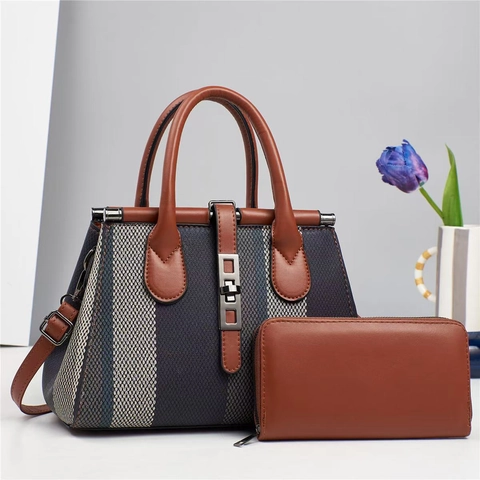Women Striped Canvas And PU Leather Handbag And Long Wallet Contrast Color Large Capacity Fashionable Vintage Crossbody