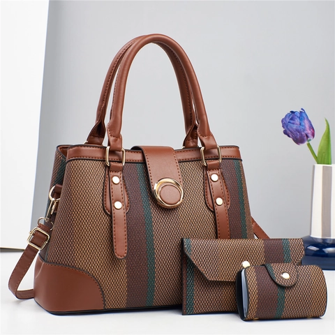 Striped Women Handbag Shoulder Crossbody Tote With Matching Envelope Wallet And Mini Pouch PU Leather Large Capacity Simple