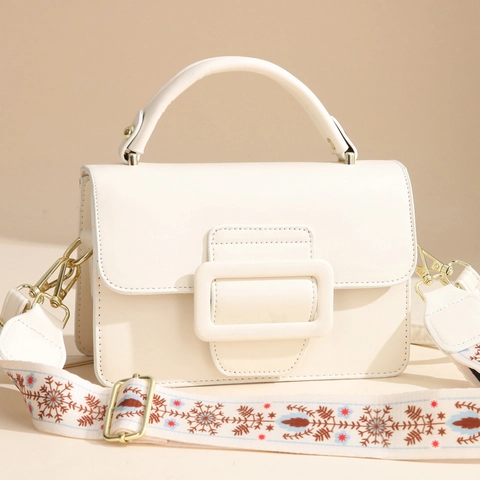 Women PU Leather Handbag Large Square Buckle Wide Embroidered Strap Ethnic Snowflake Pattern Crossbody Shoulder Bag