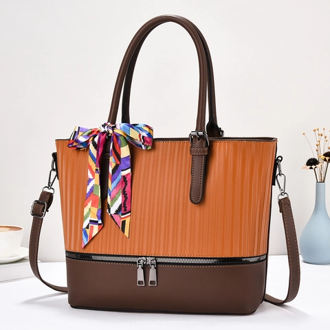 Borsa Tote Da Donna In Pelle PU Moda Color Block Righe Verticali Borsa A Mano Grande Capacità Con Sciarpa Di Raso Tracolla