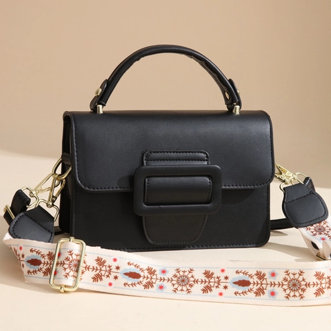 Women PU Leather Handbag Large Square Buckle Wide Embroidered Strap Ethnic Snowflake Pattern Crossbody Shoulder Bag