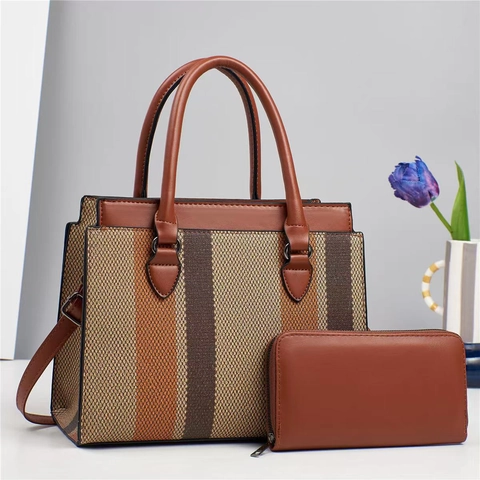 Borsa A Mano E Portafoglio A Righe Verticali Pelle PU Grande Capacità Borsa A Spalla Per Donna Casual