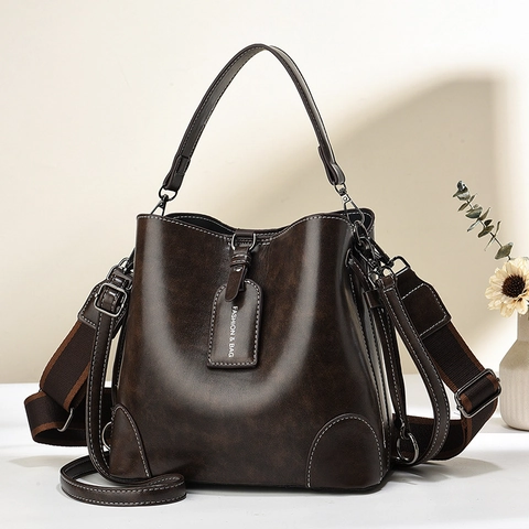 Women Retro Bucket Bag PU Leather Contrast Color Handbag Shoulder Crossbody With Dual Straps Versatile Elegant