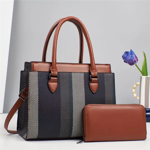 Borsa A Mano E Portafoglio A Righe Verticali Pelle PU Grande Capacità Borsa A Spalla Per Donna Casual