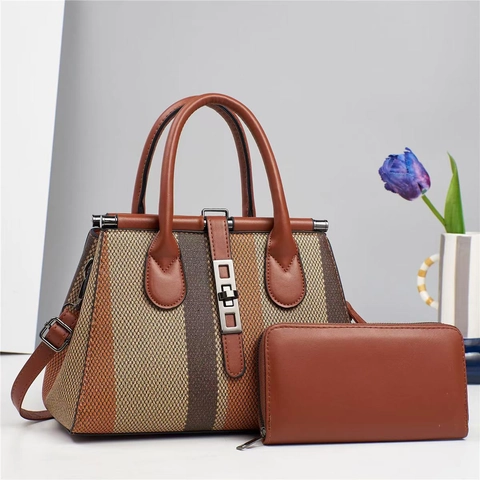 Women Retro Stripe Handbag And Wallet PU Leather Woven Large Capacity Shoulder Bag Detachable Strap