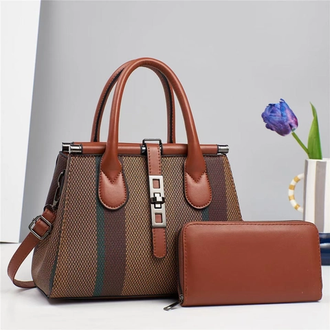 Women Fashion Striped Woven Handbag Large Capacity Contrast Color Shoulder Crossbody Bag With Matching Wallet Set