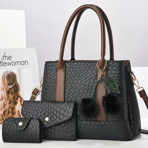Women Large Capacity PU Leather Handbag Tote Envelope Clutch Card Holder Embossed Texture With Cherry Pompom Charm