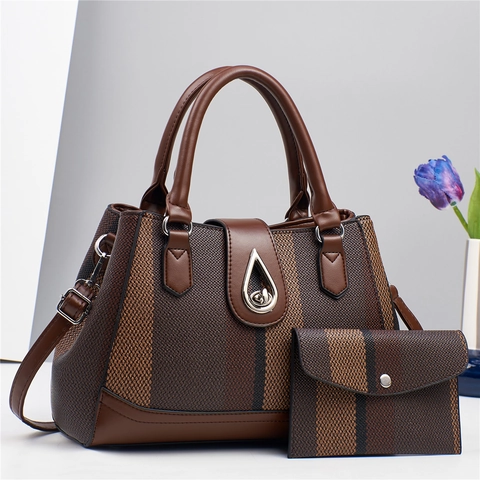 Women Shoulder Bag And Small Purse Handbag PU Leather Woven Fabric Striped Pattern Water Drop Metal Lock Retro Casual Daily