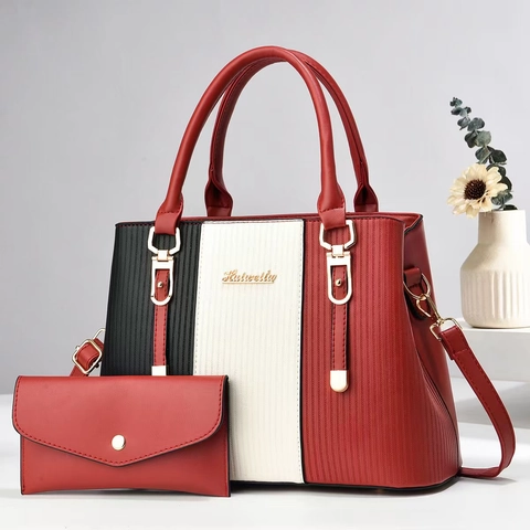 Bolso De Mano Y Cartera De Cuero PU Rayado Para Mujer Bloque De Color Gran Capacidad Bolso De Hombro Elegante