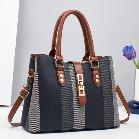 Borsa A Mano Da Donna In Pelle PU Tela Strisce Verticali Colore A Contrasto Grande Capacità Borsa A Tracolla Con Chiusura Dorata