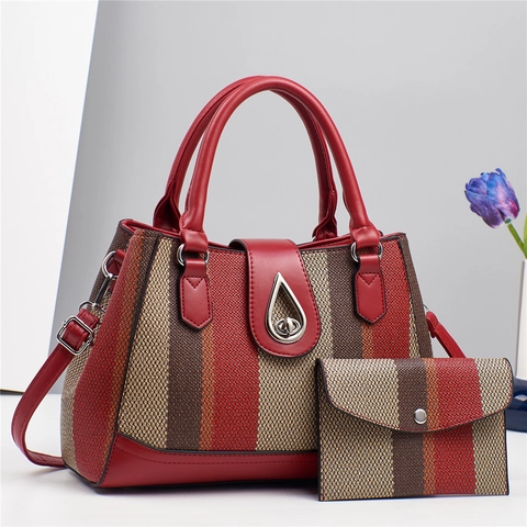 Women Shoulder Bag And Small Purse Handbag PU Leather Woven Fabric Striped Pattern Water Drop Metal Lock Retro Casual Daily