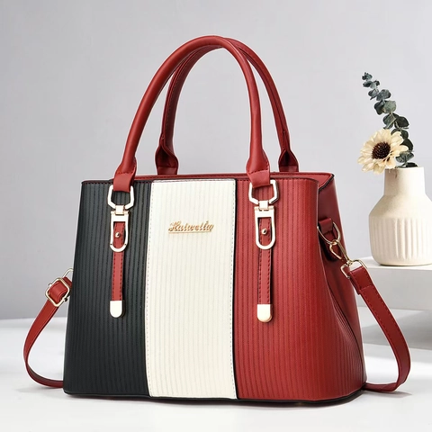 Sac À Main Femme Color Block En Cuir PU Patchwork Sac À Épaule Grande Capacité Bandoulière Avec Bijouterie Dorée Mode