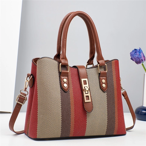 Borsa A Mano Da Donna In Pelle PU Tela Strisce Verticali Colore A Contrasto Grande Capacità Borsa A Tracolla Con Chiusura Dorata