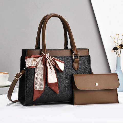 Women Lychee Grain PU Leather Handbag And Clutch Wallet With Decorative Satin Scarf Large Capacity Tote Crossbody