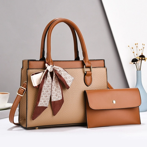 Women Lychee Grain PU Leather Handbag And Clutch Wallet With Decorative Satin Scarf Large Capacity Tote Crossbody