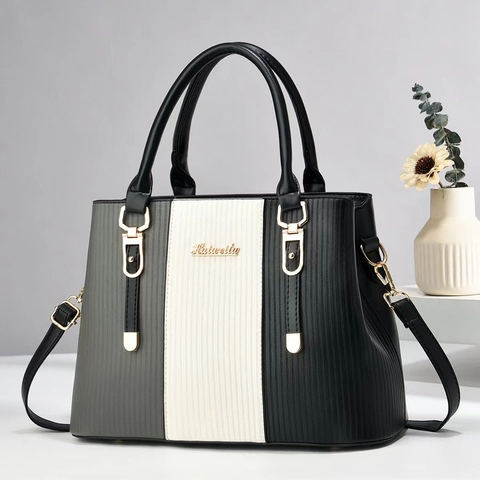 Borsa A Mano Donna Pelle PU Blocchi Di Colore Strisce Verticali Goffrate Borsa A Tracolla Elegante Retro Moda Stile