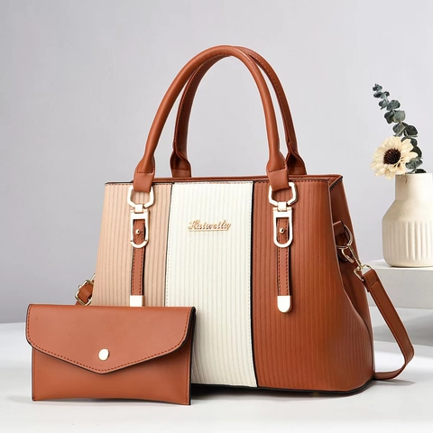 Borsa A Mano E Portafoglio Da Donna Pelle PU Patchwork Strisce Verticali Borsa A Tracolla Elegante Ufficio Moda
