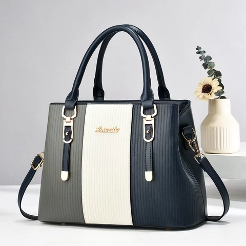 Borsa A Mano Donna Pelle PU Blocchi Di Colore Strisce Verticali Goffrate Borsa A Tracolla Elegante Retro Moda Stile