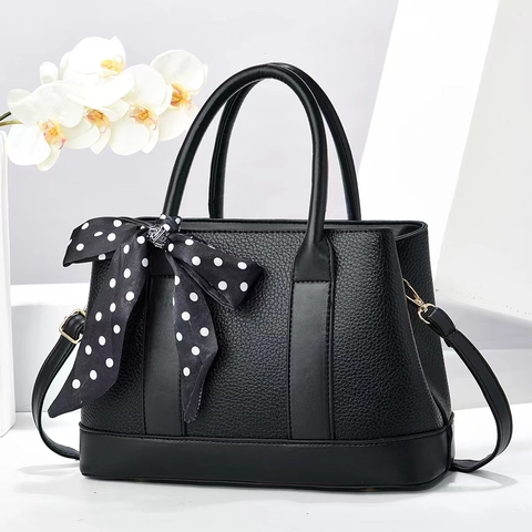 Women Handbag Lychee Grain PU Leather Shoulder Bag With Decorative Scarf And Detachable Strap Fashion Elegant Satchel Tote