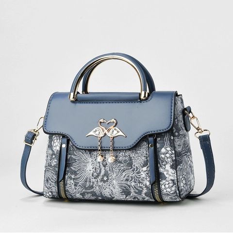 Elegante Borsa Da Donna In Pelle PU Jacquard Motivo Floreale Manico In Metallo Borsa A Tracolla Con Chiusura A Cigno Strass Perla Artificial