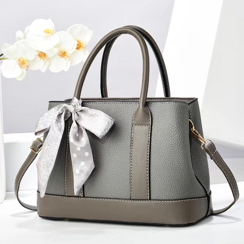 Women Handbag Lychee Grain PU Leather Shoulder Bag With Decorative Scarf And Detachable Strap Fashion Elegant Satchel Tote