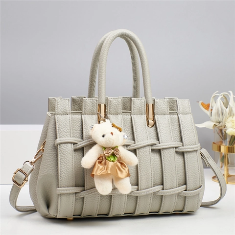 Women Woven PU Leather Handbag Large Capacity With Detachable Shoulder Strap And Cute Bear Pendant Fashionable Trendy