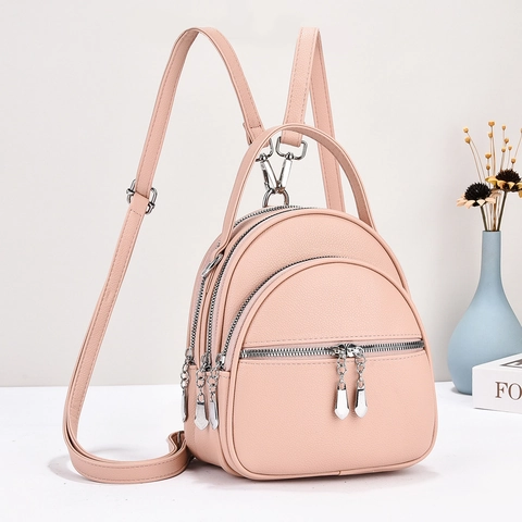 Women Mini Backpack PU Leather Lychee Pattern Multi Zipper Multi-functional Travel Casual Fashion Small Shoulder Bag