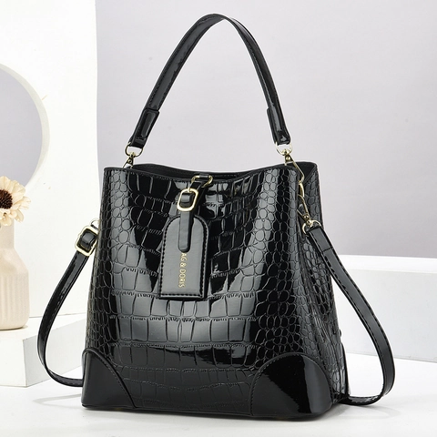 Crocodile Pattern Bucket Bag PU Patent Leather Women Handheld Crossbody Shoulder Bag Large Capacity Fashion Elegant