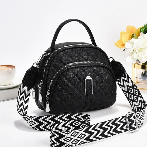 Diamond Quilted PU Leather Crossbody Bag Multi Zipper Layer Wide Woven Strap Top Handle Versatile Casual Women Bag