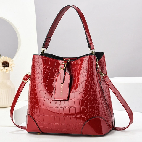 Crocodile Pattern Bucket Bag PU Patent Leather Women Handheld Crossbody Shoulder Bag Large Capacity Fashion Elegant