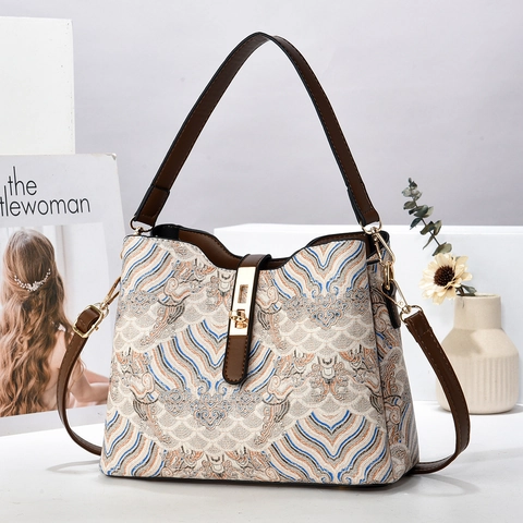 Borsa A Secchiello Vintage Da Donna Jacquard Motivo Onda Pelle PU Borsa A Spalla Tracolla Grande Capacità Stile Etnico