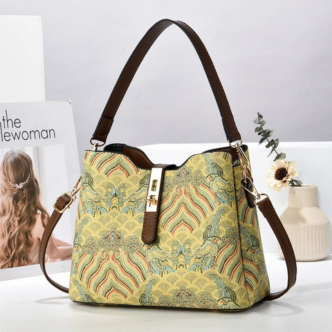Borsa A Secchiello Vintage Da Donna Jacquard Motivo Onda Pelle PU Borsa A Spalla Tracolla Grande Capacità Stile Etnico
