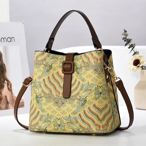 Borsa Secchiello Donna Pelle PU Ricamo Jacquard Stile Cinese Motivo Onda Retro Borsa Tracolla Mano
