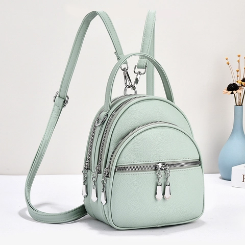 Women Mini Backpack PU Leather Lychee Pattern Multi Zipper Multi-functional Travel Casual Fashion Small Shoulder Bag