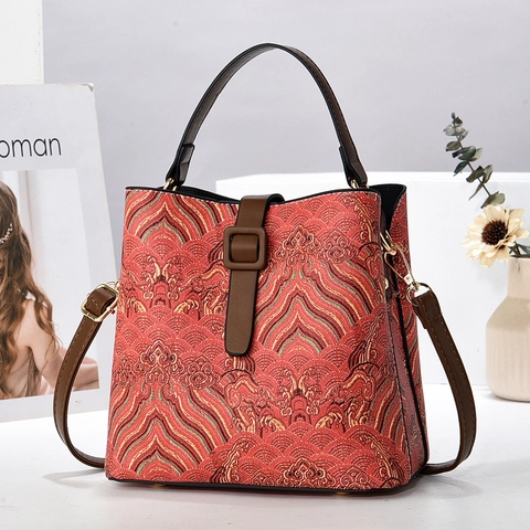 Vintage Eimertasche Damen Traditionelles Wellenmuster PU-Leder Handtasche Verstellbarer Riemen Umhängetasche Mode Freizeitbeutel