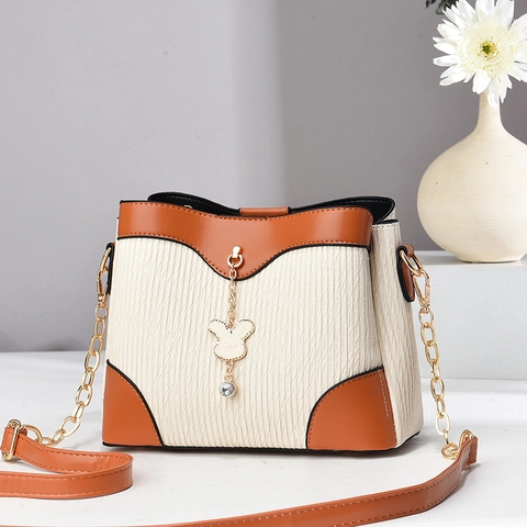 Women Pleated PU Leather Shoulder Bag With Gold Chain Strap And Rhinestone Bunny Pendant Urban Simple Style