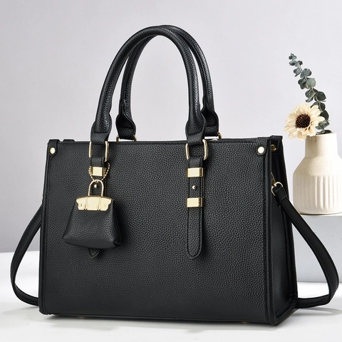 Women Handbag Lychee Texture PU Leather Large Capacity Shoulder Crossbody Bag Fashion Elegant Tote With Mini Charm