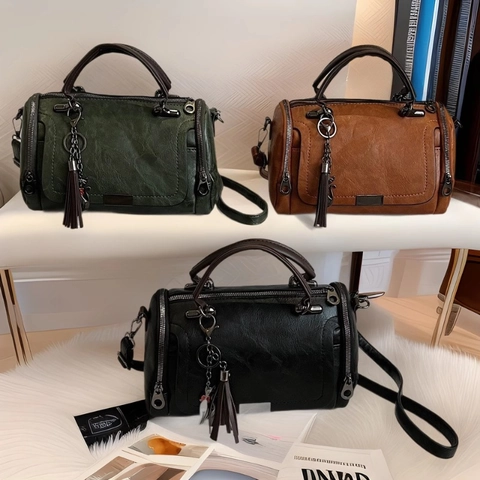 Vintage PU Leather Boston Bag For Women Large Capacity Handbag With Tassel And Cat Charm Detachable Strap Pillow Bag