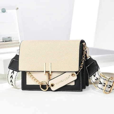 Sac Bandoulière Femme Color Block Cuir PU Tissu Patchwork Petit Sac Carré Avec Large Bandoulière Décor Chaîne