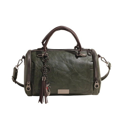 Vintage PU Leather Boston Bag For Women Large Capacity Handbag With Tassel And Cat Charm Detachable Strap Pillow Bag