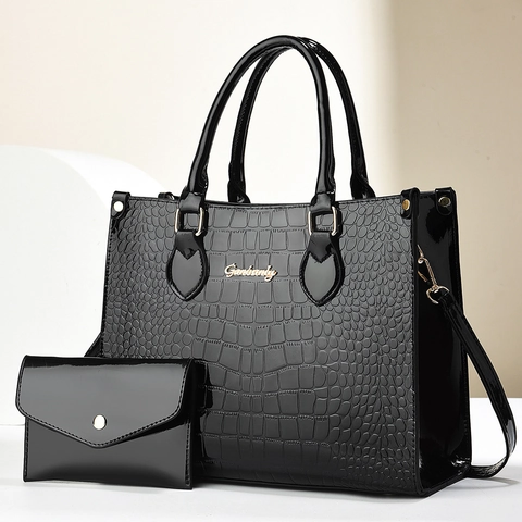 Women Glossy Crocodile Embossed PU Leather Handbag And Wallet Fashion Tote Shoulder Bag Daily Elegant Style