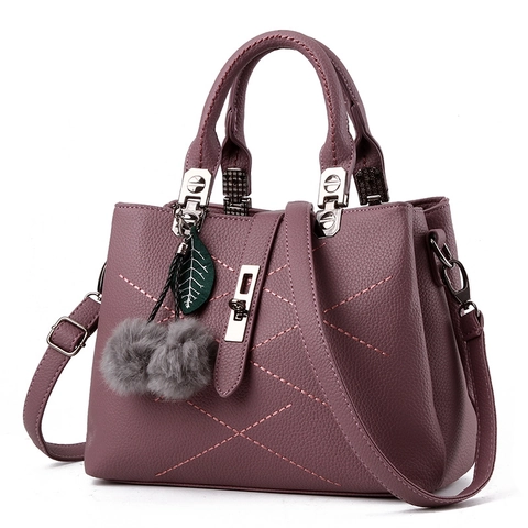 Women Handbag PU Leather Litchi Pattern V-Stitch Shoulder Crossbody Bag With Fur Ball Pendant Elegant Fashion