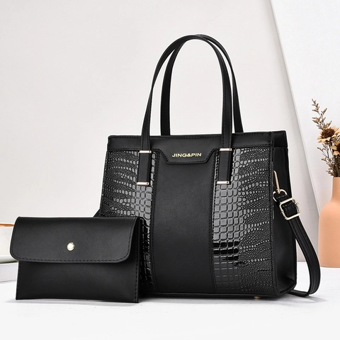 Women Crocodile Pattern PU Leather Handbag And Wallet Large Capacity Patchwork Shoulder Bag Golden Hardware