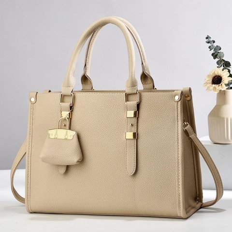 Women Handbag Lychee Texture PU Leather Large Capacity Shoulder Crossbody Bag Fashion Elegant Tote With Mini Charm