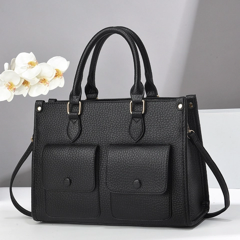 Borsa Da Donna In Pelle PU Texture Litchi Con Doppie Tasche Frontali Manico Superiore Tracolla Elegante Pendolare