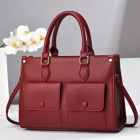 Women Large Capacity Tote Bag PU Leather Lychee Grain Handbag Front Pockets Crossbody Bag Elegant Commute Office
