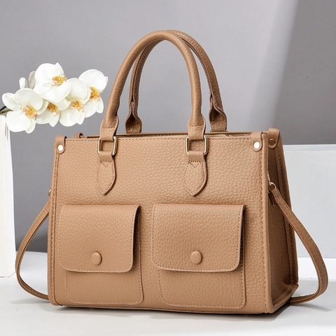 Borsa Da Donna In Pelle PU Texture Litchi Con Doppie Tasche Frontali Manico Superiore Tracolla Elegante Pendolare