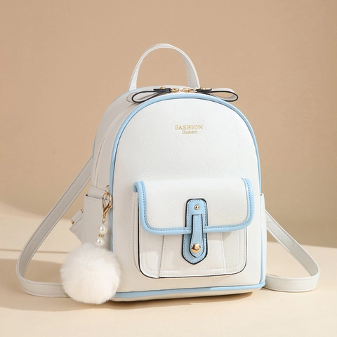 Fashion Backpack PU Leather Large Capacity Waterproof Travel School Bag With Fur Ball Artificial Pearl Pendant Geometric Pattern