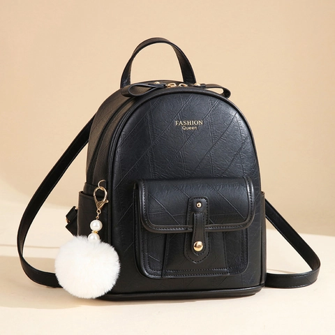 Fashion Backpack PU Leather Large Capacity Waterproof Travel School Bag With Fur Ball Artificial Pearl Pendant Geometric Pattern